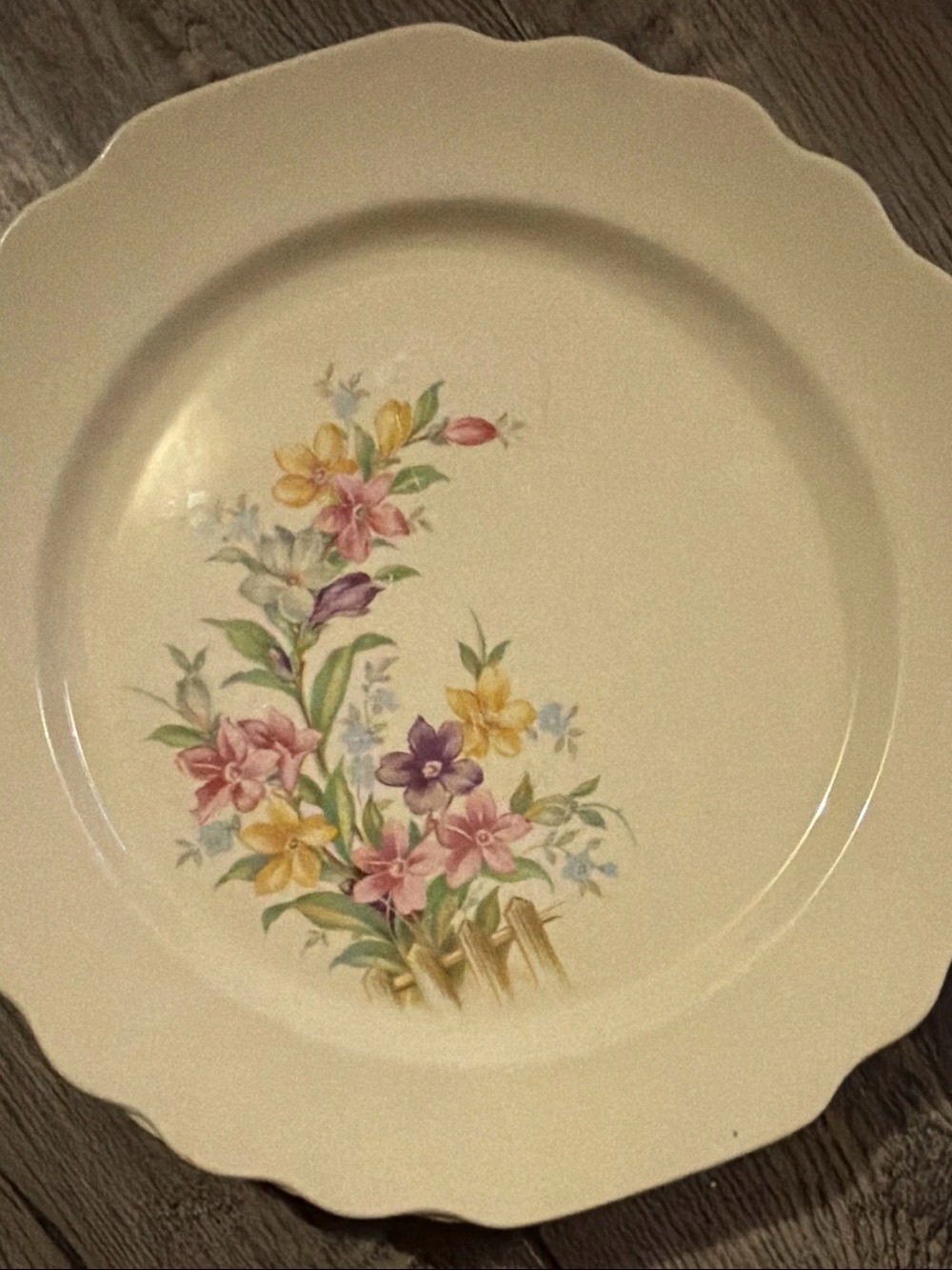 (4) W. S. George Lido Floral Beige Round Plate Glossy Ceramic USA 1964 Vintage